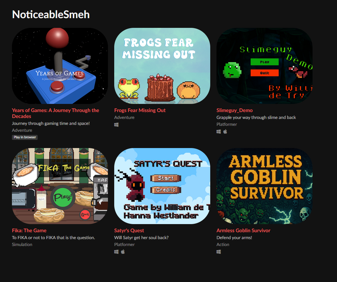 Thumbnails of various small game projects